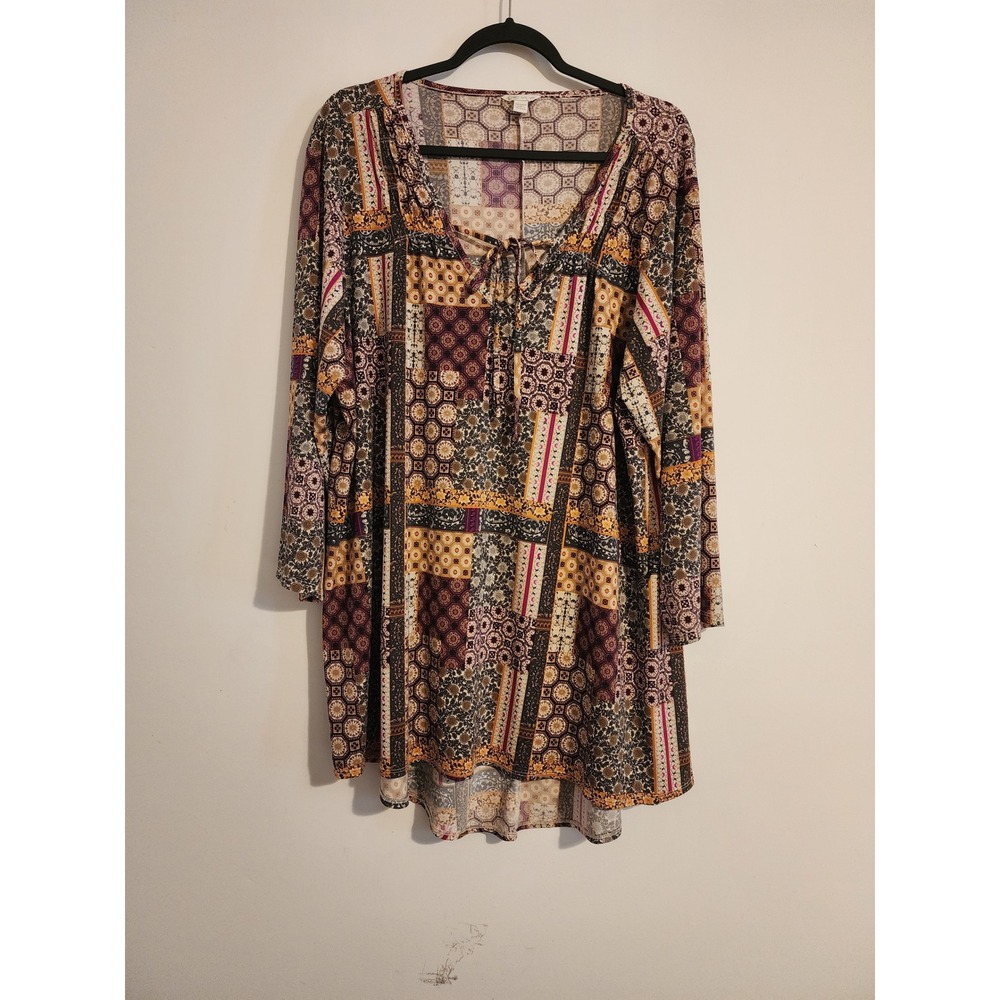 Cato Women Plus 22/24W Patchwork Tunic Top Long Sleeve High Low Burgundy